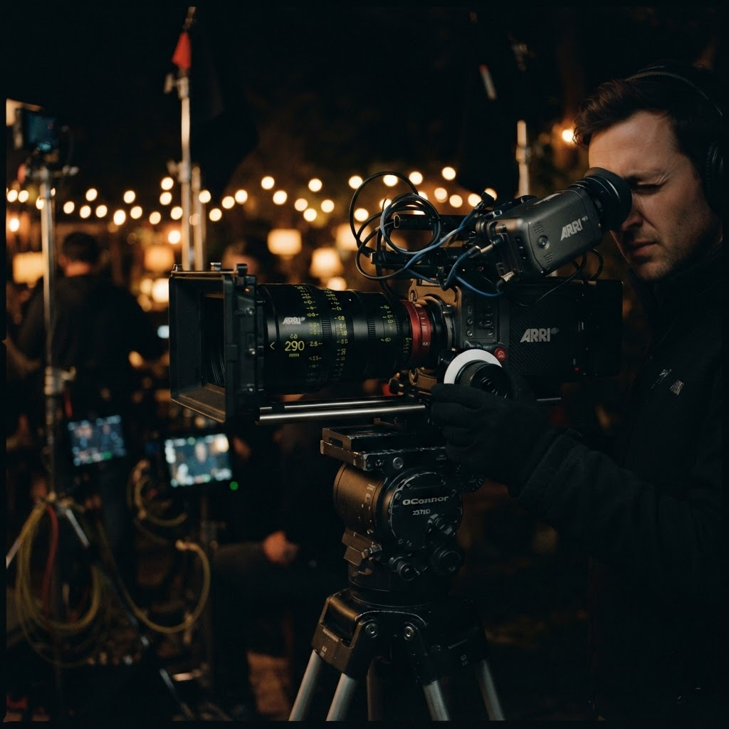 Film camera on set with warm practical lighting